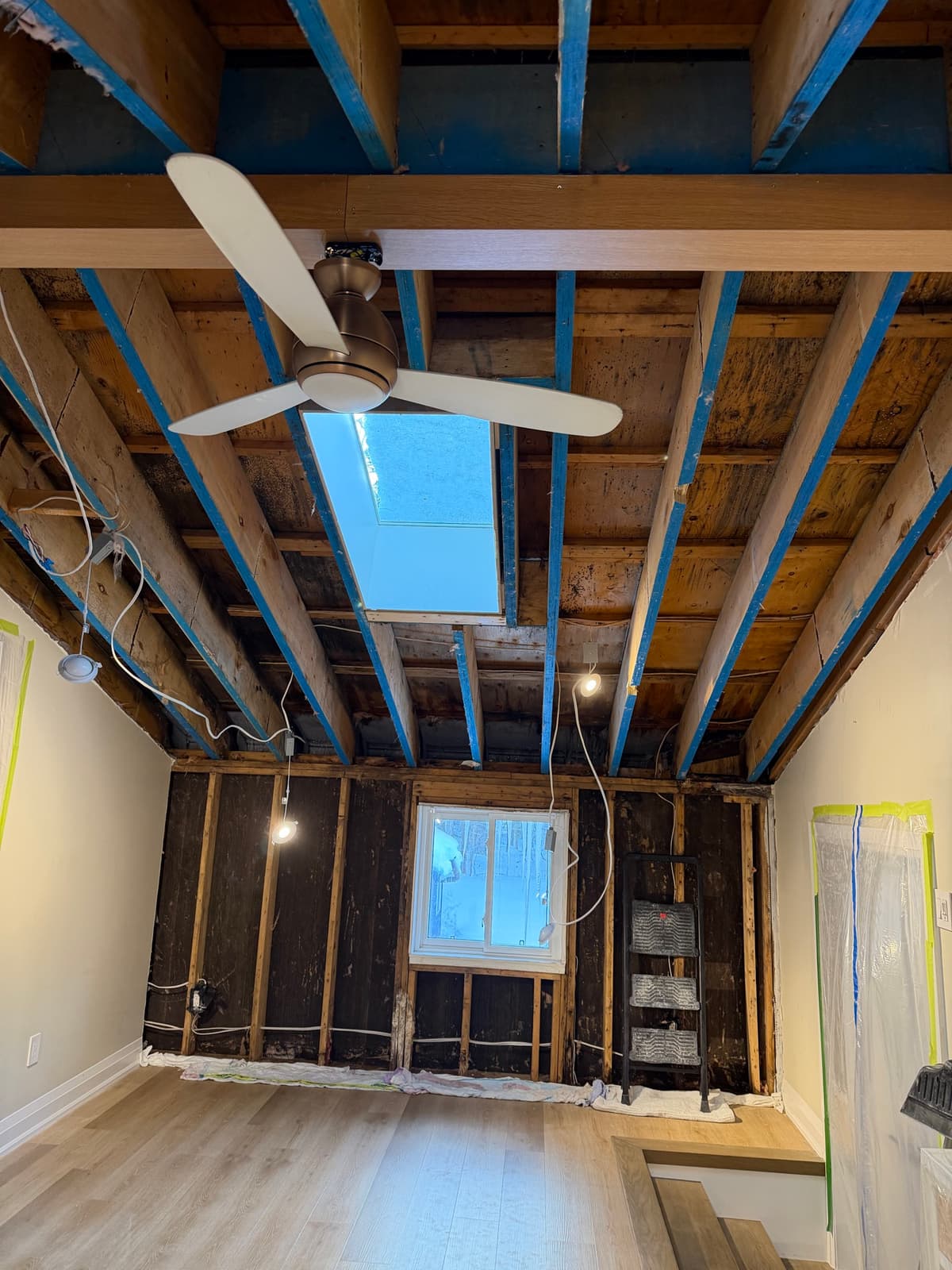 Room with the ceiling and wall finishes removed, joists exposed