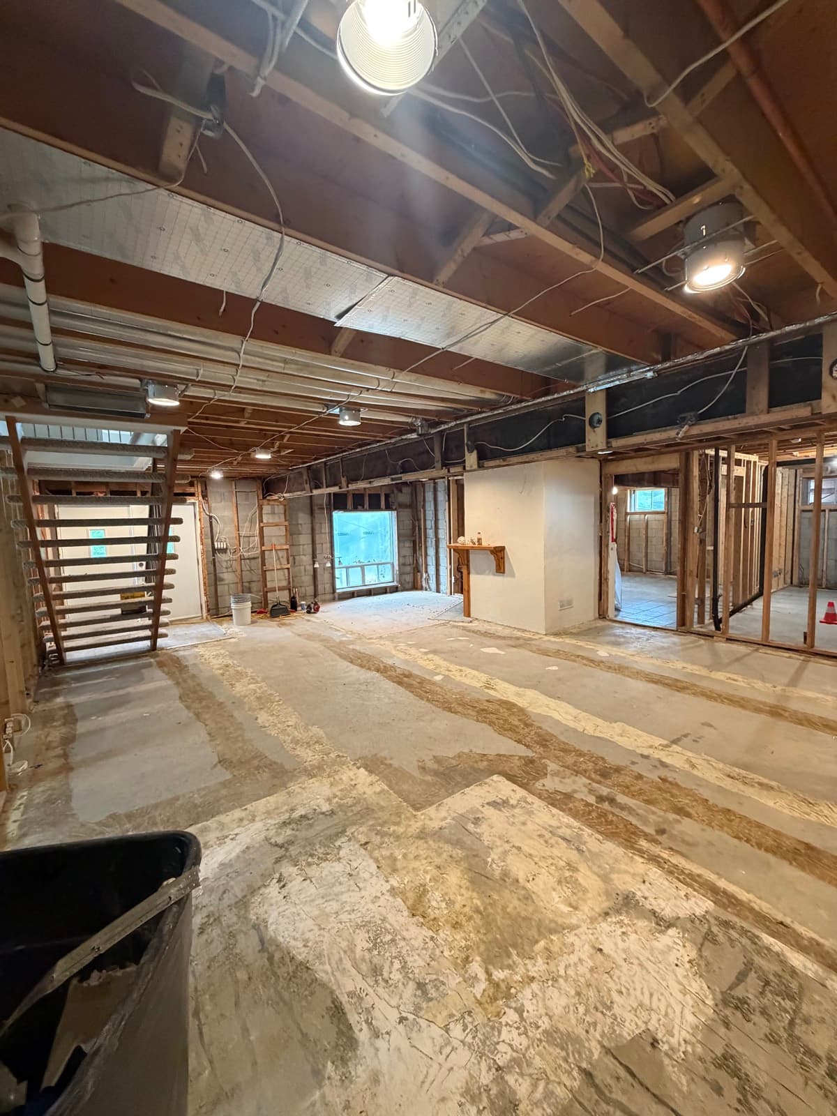 Basement stripped back to exposed beams and subfloor